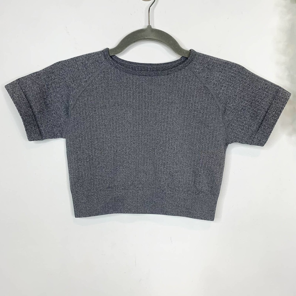 Athleisure crop top compression sports top short sleeves ribbed knit gray - Picture 5 of 6